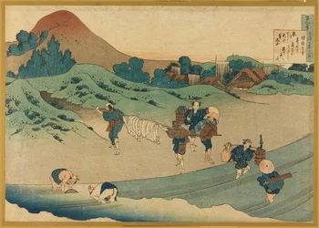 Jito Tenno (Arbeiter färben Stoff), aus Hyakunin Isshu ubaga Etoki (Die hundert Gedichte erklärt von der Amme)