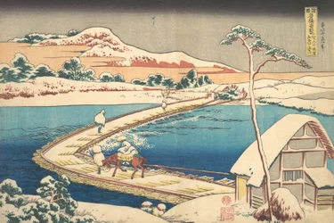 Alte Ansicht der Boot-Brücke in der Provinz Kozuke