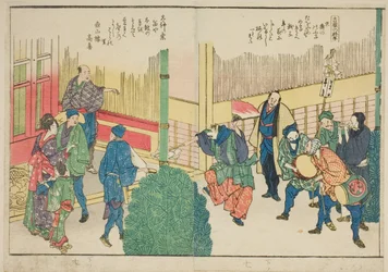 Seiten aus dem illustrierten Buch "Panoramablicke entlang der Ufer des Sumida-Flusses (Ehon Sumidagawa ryogan ichiran)"