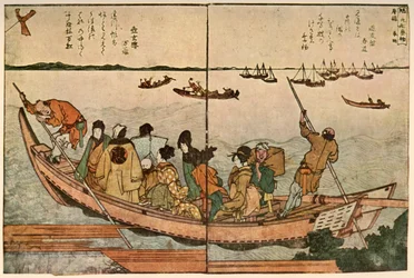 Passagiere auf einem Boot, das den Sumida-Fluss in Japan überquert, um 1804, 1924