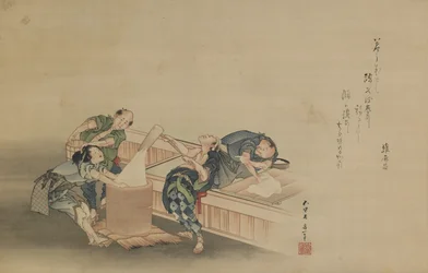 Stampfen von Reis für Mochi, beschriftet von Momomoto Hinamaro, Edo-Zeit, ca. 1822