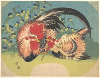 Hahn, Henne und Küken mit Spinnenblume