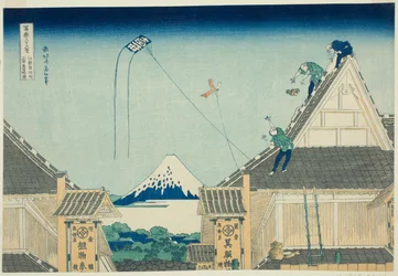 Das Mitsui-Geschäft in Surugacho in Edo (Koto Surugacho Mitsui mise ryakuzu), aus der Serie "Sechsunddreißig Ansichten des Berges Fuji (Fugaku sanjurokkei)"