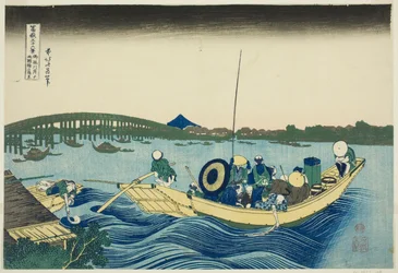 Sonnenuntergang über der Ryogoku-Brücke vom Onmaya-Damm aus gesehen, aus der Serie "36 Ansichten des Berges Fuji"