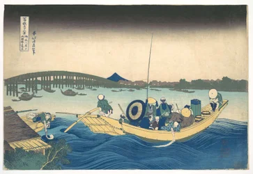 Sonnenuntergang über der Ryōgoku-Brücke vom Onmaya-Damm aus betrachtet, aus der Serie Sechsunddreißig Ansichten des Berges Fuji