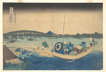 Den Sonnenuntergang über der Ryōgoku-Brücke vom Onmayagashi-Damm aus betrachten, aus der Serie Sechsunddreißig Ansichten des Berges Fuji