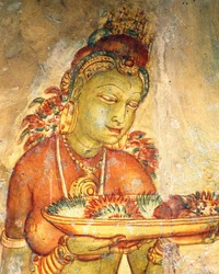 Apsaras, himmlische Nymphe, die Blumen anbietet, Fresko, befestigte Zitadelle von Sigiriya (UNESCO-Welterbeliste)