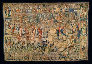 Pfarrmuseum der Wandteppiche (Museo Parroquial de Tapices de Pastrana). Flämischer Wandteppich. Karl der Große, triumphaler Einzug in Carmania (Alejandro Magno, Entrada trionfan en Carmania).