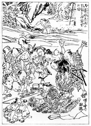 Junger Kyôsai zeichnet den abgetrennten Kopf, 1898
