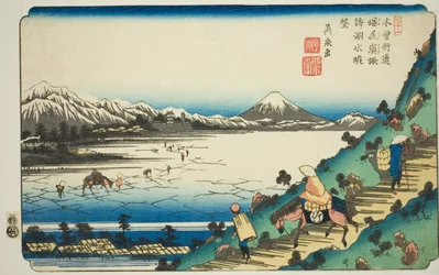 Nr. 31: Blick auf den Suwa-See vom Shiojiri-Pass (Sanjuichi: Shiojiri toge Suwa no kosui chobo), aus der Serie "[Neunundsechzig Stationen der] Kisokaido"