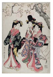 Drei Kurtisanen gehen unter einem blühenden Kirschbaum. Gekleidet in Hofkostümen, ca. 1790-1815