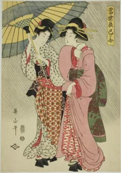 Zwei Mädchen unter einem Regenschirm, aus der Serie "Zeitgenössische Blumen des Südostens (Tosei Tatsumi no hana)"