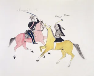 Symbolische Darstellung des Konflikts zwischen den Indianern und den Weißen, verkörpert durch ihre beiden berühmtesten Anführer, General Custer und Crazy Horse