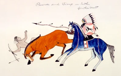 Entwaffnung eines Pawnee-Kriegers durch Dakota-Sioux-Krieger Zintka Mato Dog Bear, ca. 1889-1927