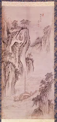 Koreanische Kunst: die Rückkehr von Mu-i. Koreanische Landschaft mit Boot und steiler Klippe