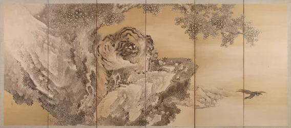 Sechsteilige Leinwand mit einem brüllenden Tiger, 1749-1838