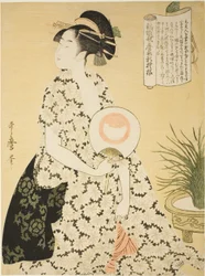 Schönheit im Sommerkimono, aus der Serie „Neue Muster von Brokat im Utamaro-Stil“