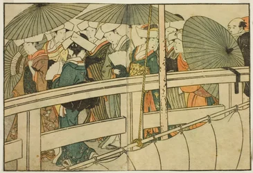 Überquerung einer Brücke im Sommer, aus dem illustrierten Buch "Bilderbuch: Blumen der vier Jahreszeiten (Ehon shiki no hana)," Bd. 1