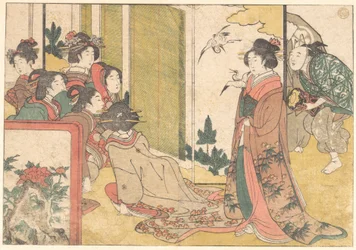 Von Darstellern unterhaltene Mädchen, aus dem illustrierten Buch „Blumen der vier Jahreszeiten“