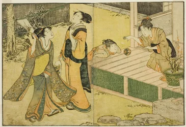 Neujahrsspiele mit Federball, Schläger und Handball, aus dem illustrierten Buch "Bilderbuch: Blumen der vier Jahreszeiten (Ehon shiki no hana)", Bd. 1