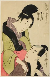 Ohatsu und Tokubei, aus der Serie "Modische Muster im Utamaro-Stil (Ryuko moyo Utamaro-gata)"