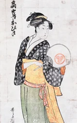 Ohisa aus dem Takashima Teehaus, Frau im Kimono mit Fächer, ukiyo-e Kunstdruck