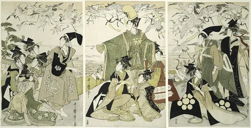 Parodie von Minamoto no Yoritomo, der Kraniche in Yuigahama freilässt