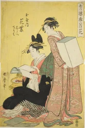 Schnee, Mond und Blumen in den Vergnügungsvierteln (Seiro setsugekka): Hanamurasaki vom Tamaya mit Begleiterinnen Shirabe und Teriha