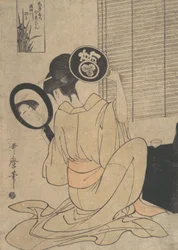 Takashima Ohisa benutzt zwei Spiegel, um ihre Frisur zu betrachten, ca. 1795