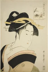 Takashima Ohisa, aus der Serie "Berühmte Schönheiten verglichen mit den sechs unsterblichen Dichtern (Komei bijin rokkasen)"