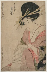 Die Kurtisane Tsukioka von Hyogoya rollt einen Brief, späte 1790er