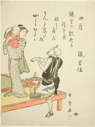 Der vierte Monat (Shigatsu), aus einer unbetitelten Serie von Genreszenen in den zwölf Monaten, mit Kyoka-Gedichten