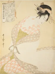 Der weiße Mantel, aus der Serie "Neue Muster von Brokat gewebt im Utamaro-Stil (Nishiki-ori Utamaro-gata-moyo)"