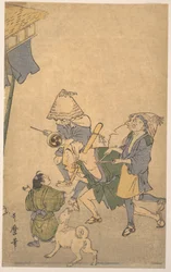 Drei Zecher aus den unteren Schichten mit Komusō-Hüten, einem kleinen Jungen und einem Hund