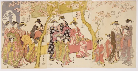 Drei Gruppen von Kurtisanen mit ihren Shinzo und Kamuro