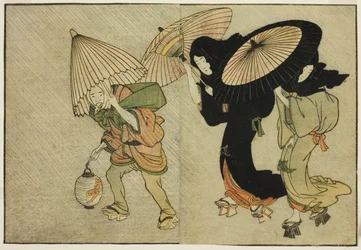 Zwei Frauen und Begleiter im Sturm, aus dem illustrierten Buch "Bilderbuch: Blumen der vier Jahreszeiten (Ehon shiki no hana)," Bd. 2