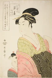 Wakaume vom Tamaya in Edo-cho itchome, und ihre Kinderbegleiter Mumeno und Iroka (Edo-cho itchome, Tamaya uchi Wakaume Mumeno Iroka)