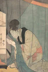 Frau liest einen Brief unter einem Moskitonetz, ca. 1798