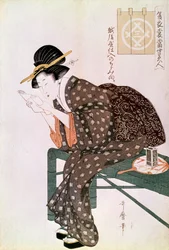 Frau liest. Hergestellt mit einem Krepp von Echigoya. Sommerensemble-Serie: Schönheiten unserer Zeit. Japanischer Druck von Utamaro Kitagawa (1753-1806). 1804-1806. Paris, Guimet Museum, Museum für asiatische Kunst
