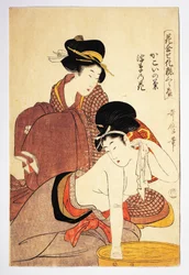 Frau, die sich wäscht, ca. 1803, Illustration von Kitagawa Utamaro aus Hana Awase Kesho Kurabe, Aiban-tate-e Holzschnitt, japanische Zivilisation, Edo-Periode