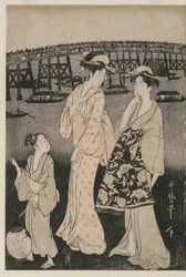 Frauen genießen die Abendkühle in der Nähe der Ryogoku-Brücke
