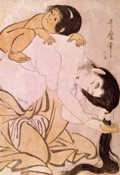 Yamauba und Kintoki. Die Mutter kämmt ihr Haar, während sie ihr Kind auf dem Rücken trägt. Japanischer Druck von Utamaro Kitagawa (1753-1806). 18. Jahrhundert. Paris, Guimet Museum, Museum für asiatische Kunst