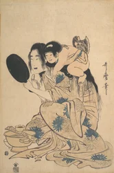 Yamauba schwärzt ihre Zähne und Kintoki, ca. 1795.