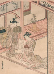 Kurtisane und junge Begleiterin in einem Salon von Kitao Shigemasa