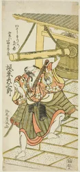 Der Schauspieler Bando Hikosaburo II als Fujitaro, verkleidet als Fährmann Tomokichi, im Stück "Shomei Mugen no Kane," aufgeführt im Nakamura-Theater im neunten Monat, 1767