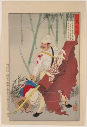 Sergeant Ōi, von Banditen in Sanjiaoyong umzingelt, leistete erbitterten Widerstand, erbeutete das feindliche Banner und beging mit dem Ruf „Lang lebe das Kaiserreich“ Suizid, aus der Serie „Spiegel berühmter Männer des Heeres und der Marine“