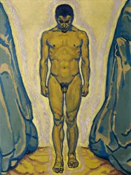 Stehender männlicher Akt zwischen Felsen, ca. 1915