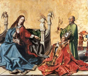 Die Vorstellung des Kardinals von Mies bei der Jungfrau. Gemälde von Konrad Witz, ca. 1444