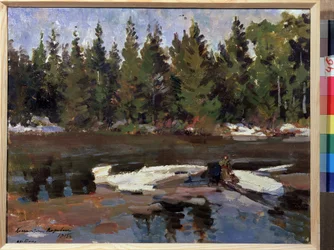 Frühling. Landschaft, Ufer eines Flusses im Wald