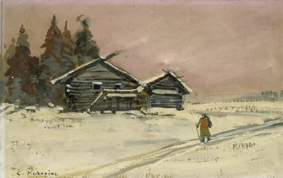 Winterlandschaft mit zwei Holzhütten